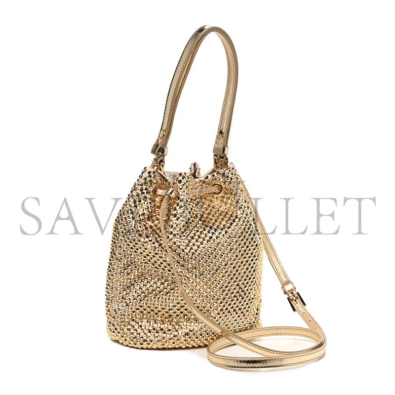 PRADA MINI CRYSTAL-EMBELLISHED SATIN BUCKET BAG IN GOLD 1BE067 (19.5*15.5*10cm)